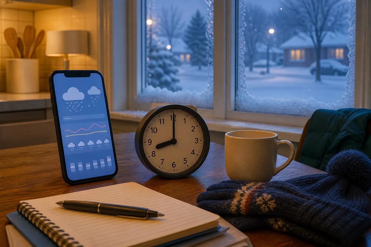 Weather forecast on a phone beside an evening clock and winter gloves.