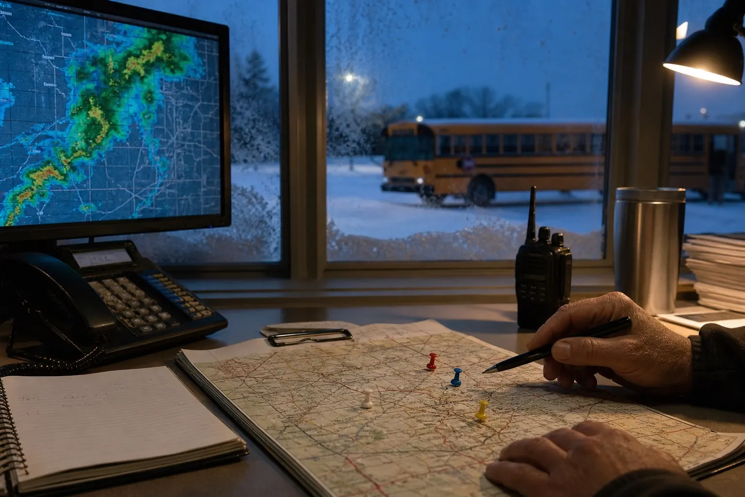 School transportation office reviewing a winter weather map before buses depart.