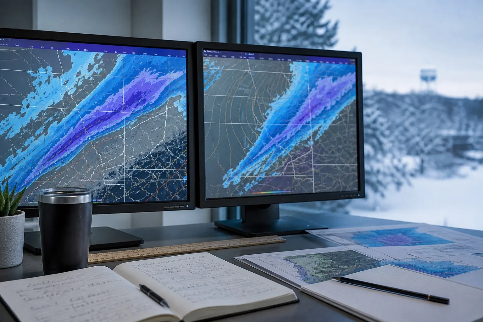 Two winter forecast model maps being compared at a weather analysis desk.