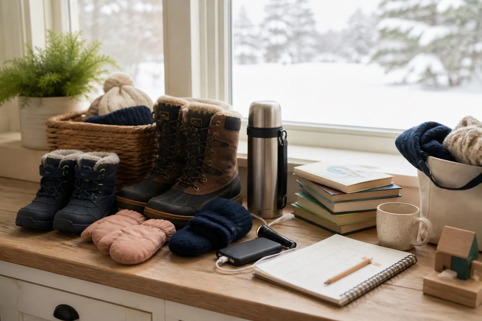 Organized family snow day supplies with boots, mittens, books, flashlight and power bank.