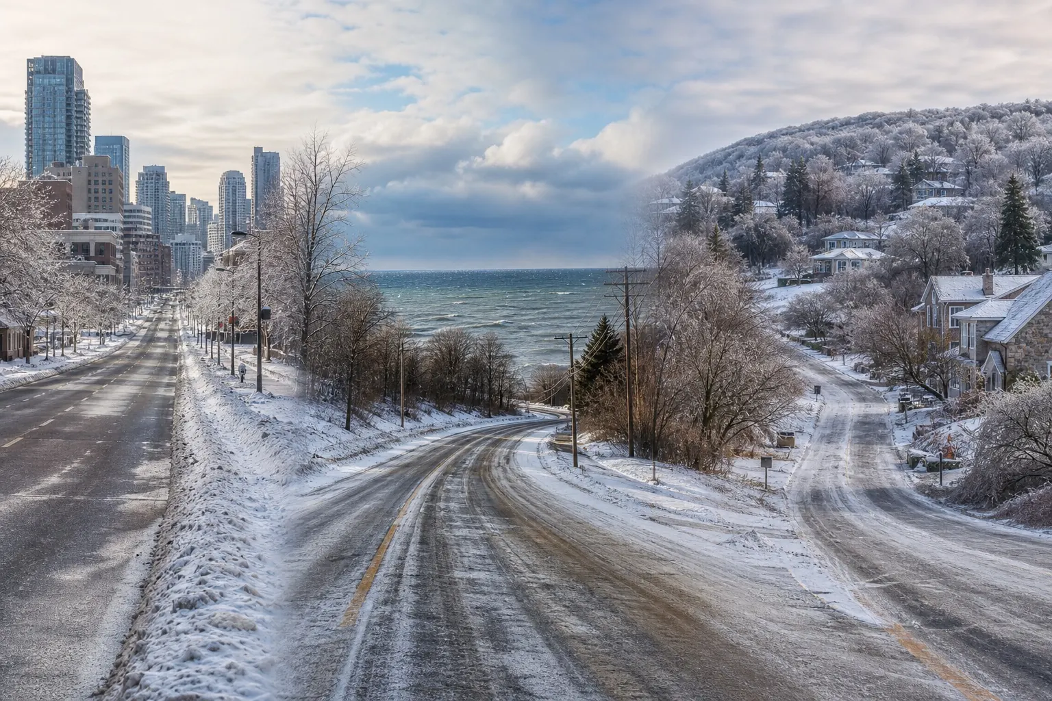 Three contrasting winter road environments in an urban, lakeside and hilly community.