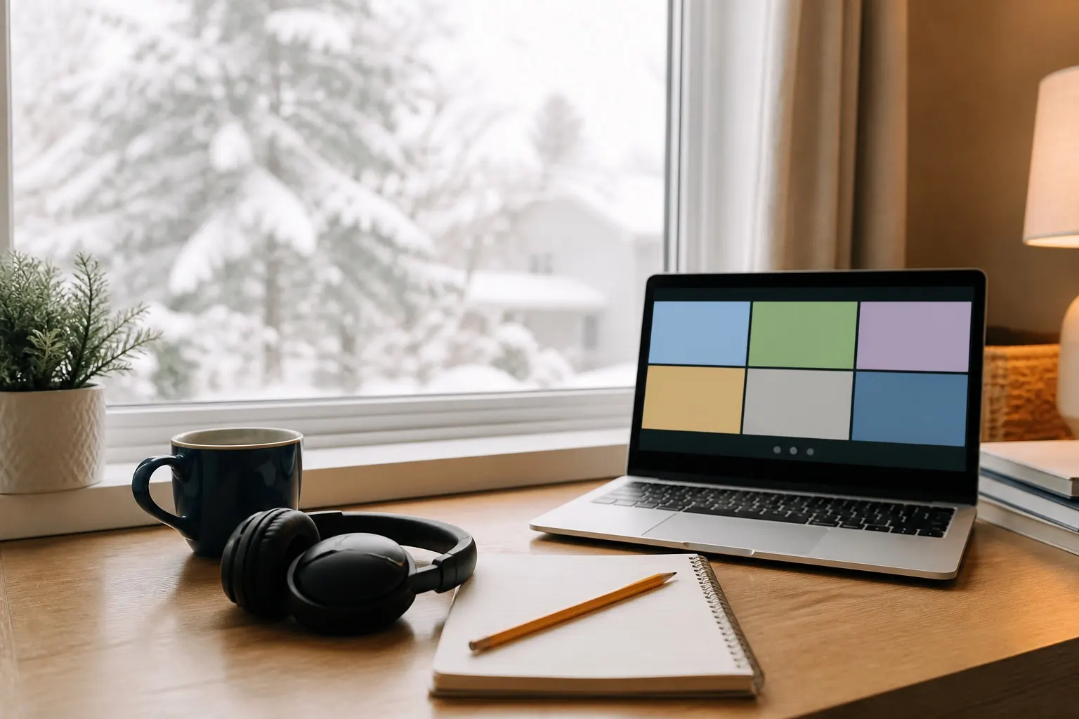 Home learning setup with a laptop, headphones and snowy window.