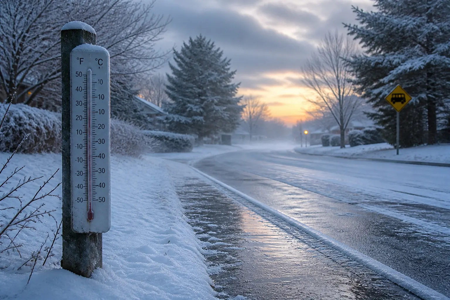 Icy snow-covered neighborhood road with a thermometer and school bus crossing sign.