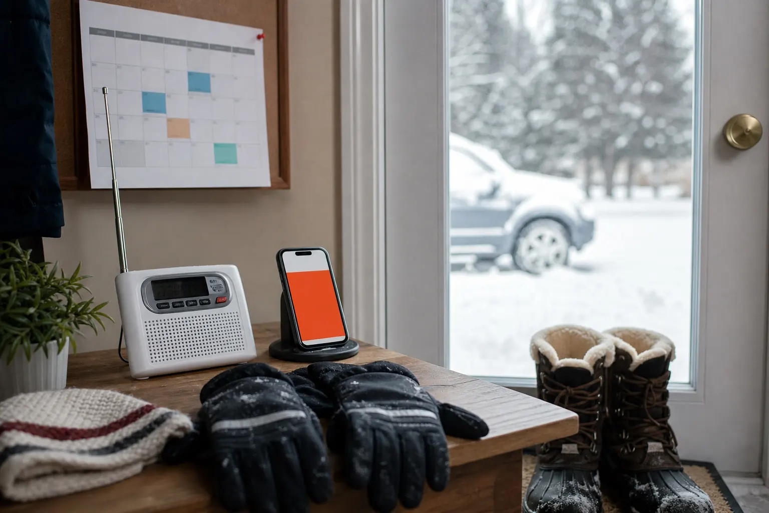 Weather radio, phone alert, gloves and boots ready by a snowy doorway.