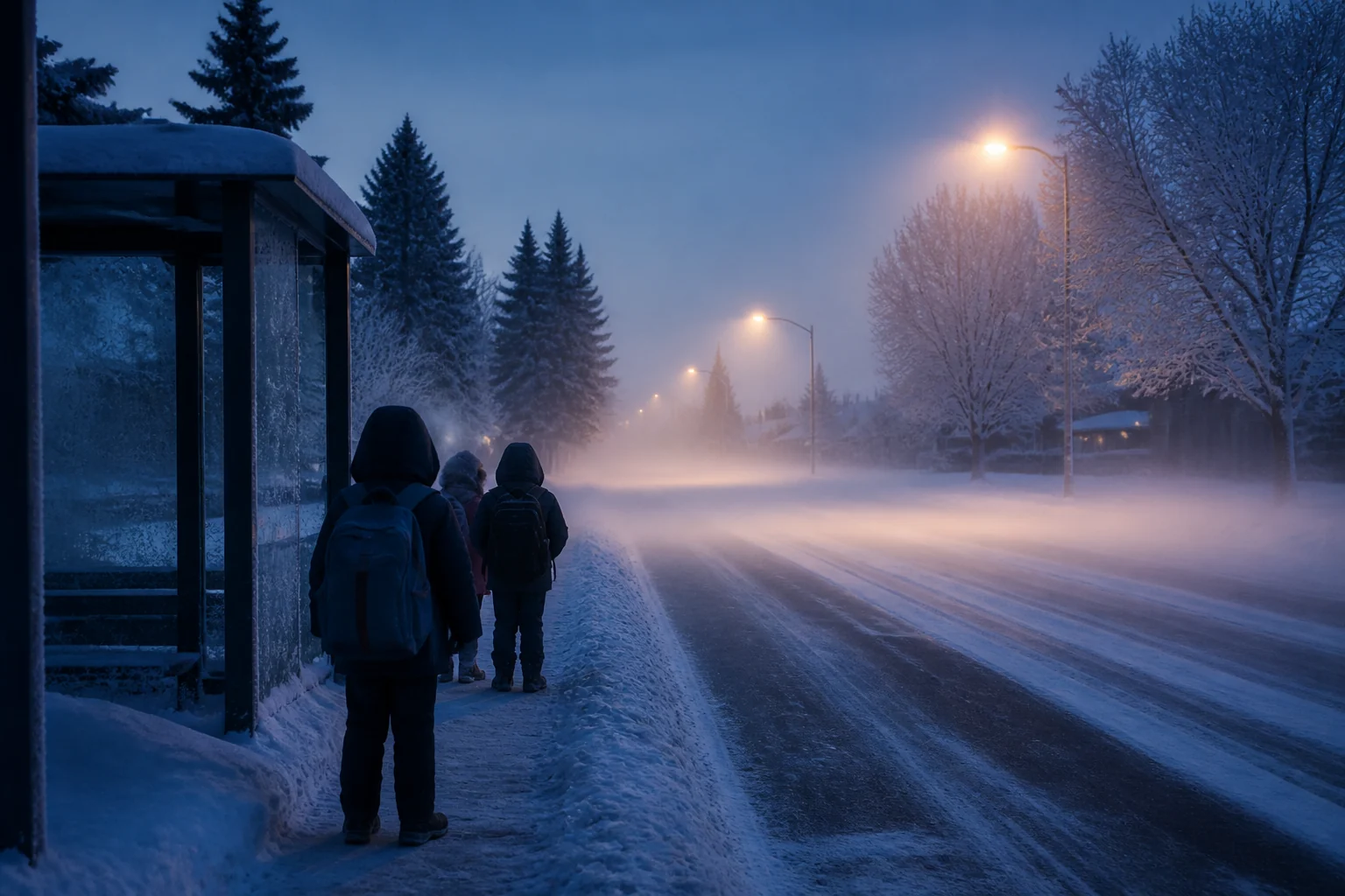Bundled students waiting in a bus shelter during a windy, extremely cold winter morning.