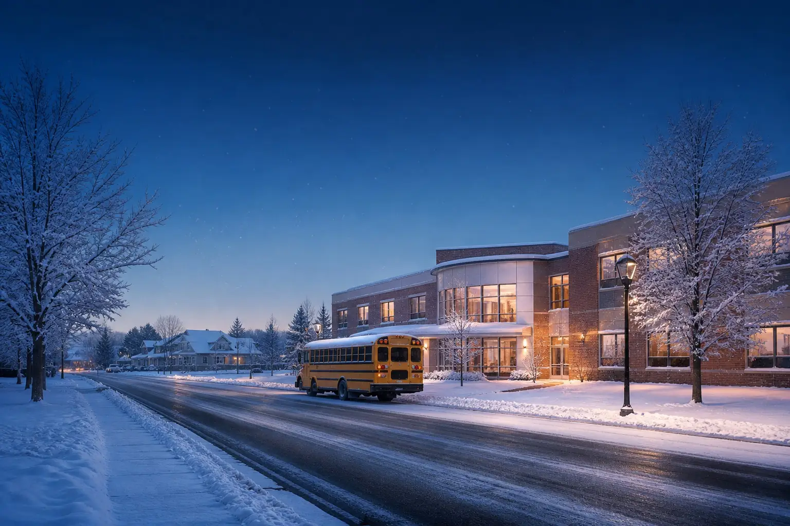 Snow-covered school and school bus at dawn.